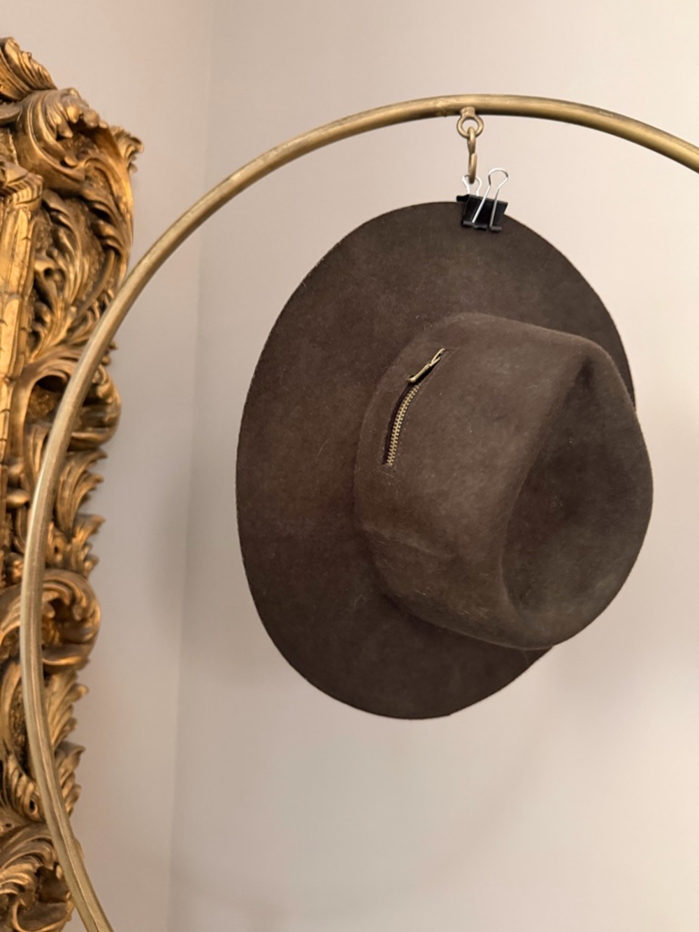 Wide-Brim Wool Felt Hat with Zipper Accent - Dark Brown